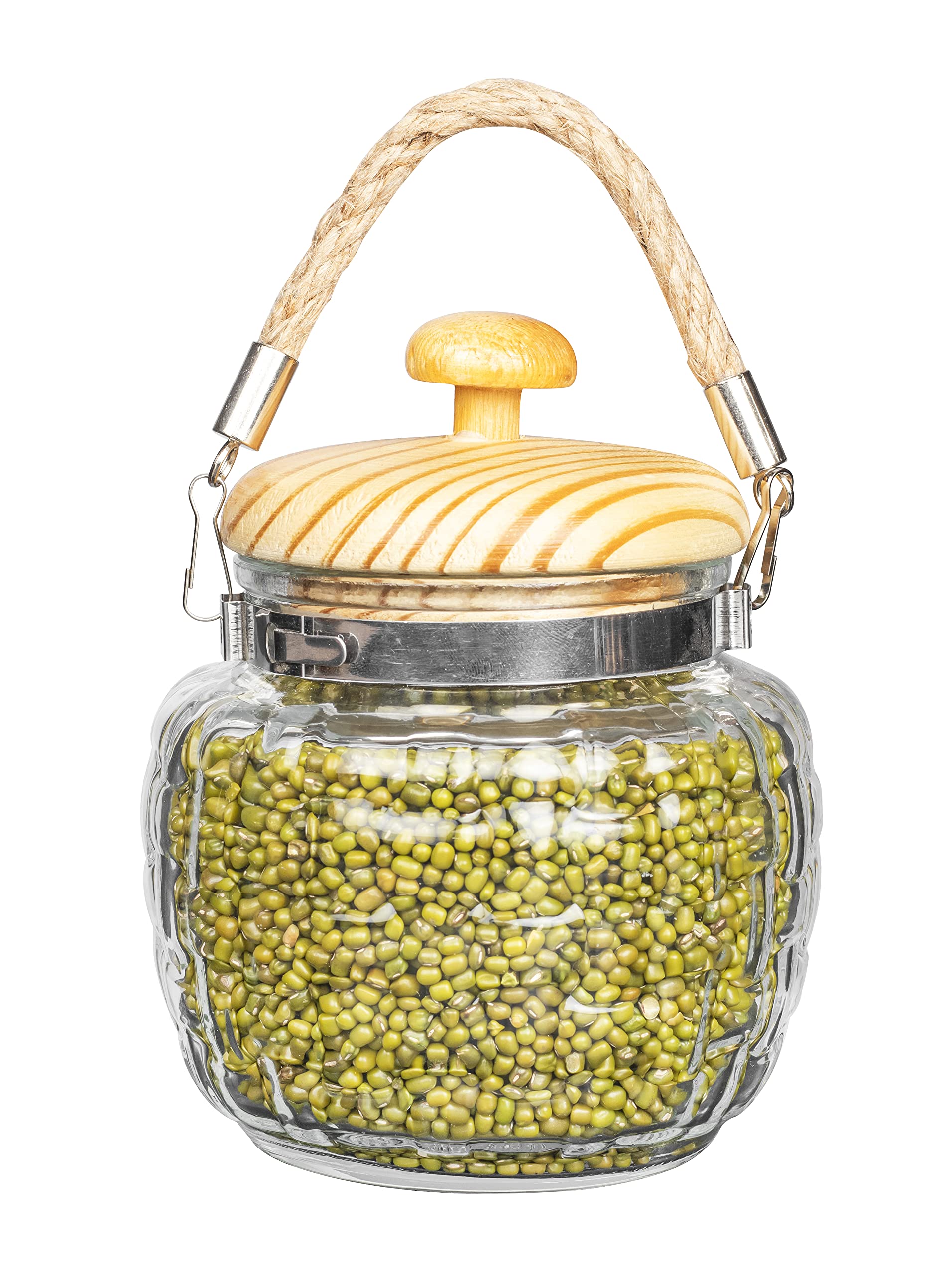 Femora Kitchen Storage Jars Embossed Glass Jar With Wooden Lid & Jute Chain Air Tight Jar, 500 ML, Pack of 6